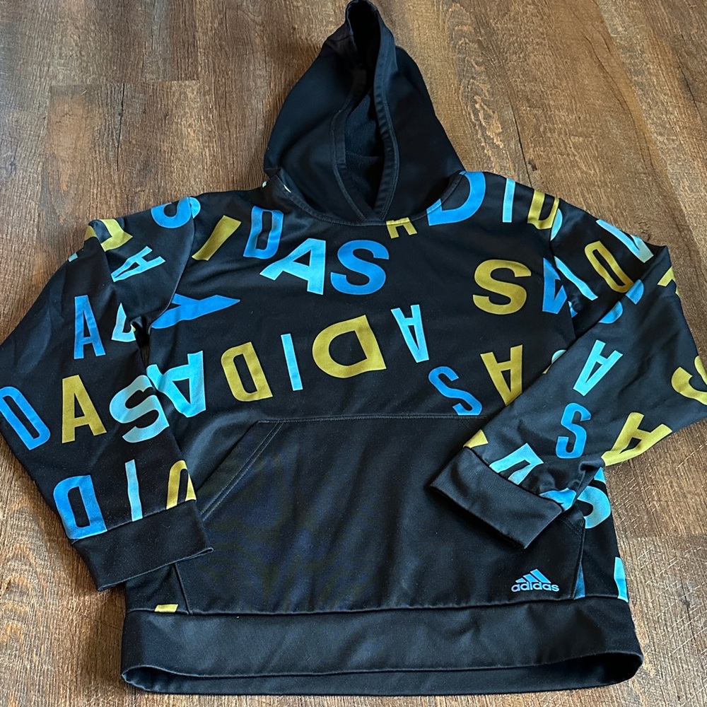 Adidas Black Hoodie with Vibrant Blue and Yellow Accents